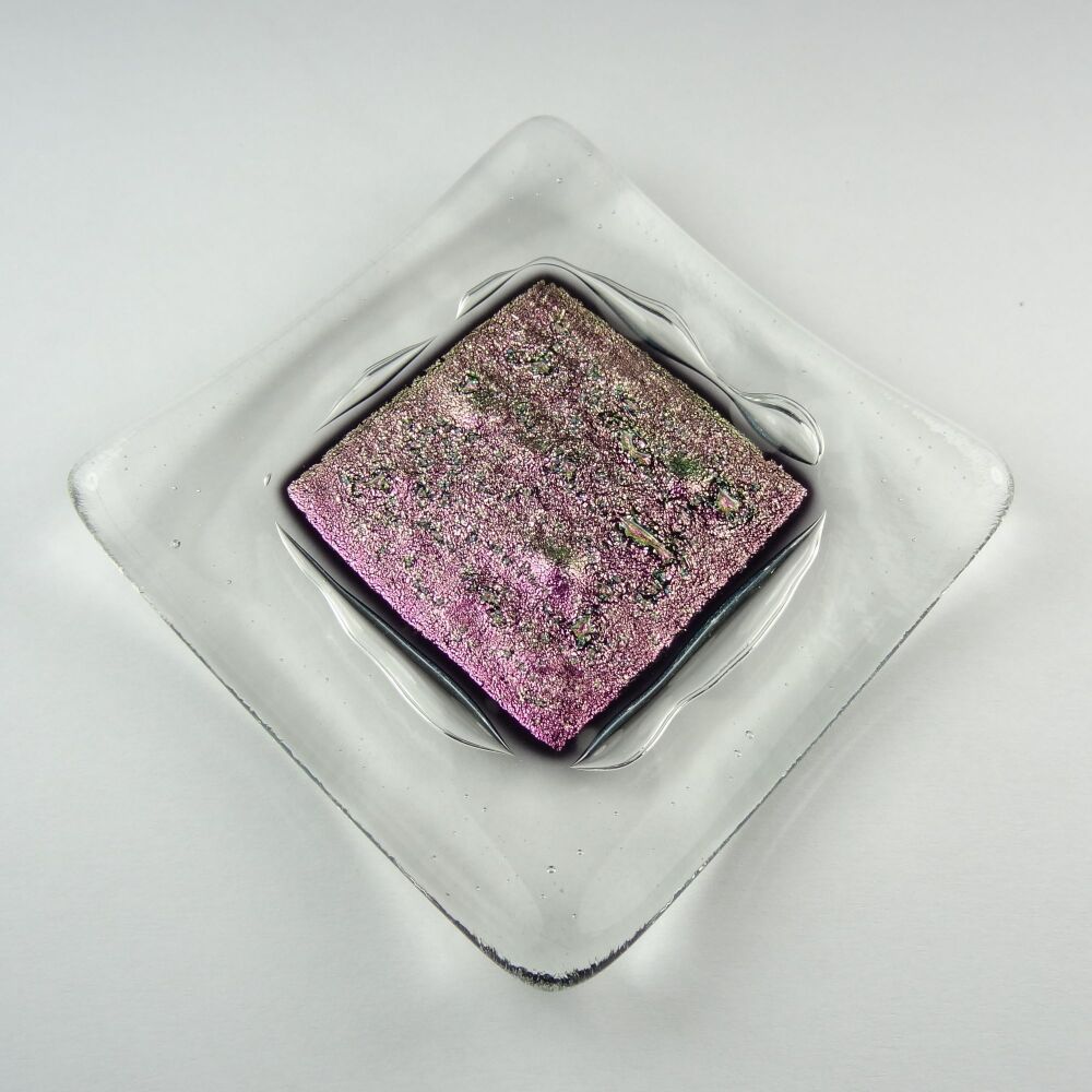 Handcrafted pink dichroic block fused glass shallow trinket dish, tea light holder or ornament to display (#5)