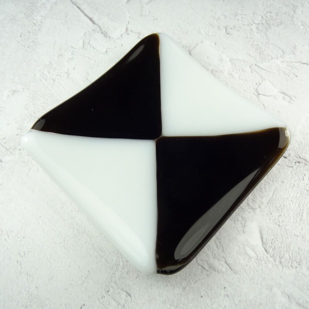 Handcrafted black & white fused glass shallow trinket dish, tea light holder, or ornament to display (#34)