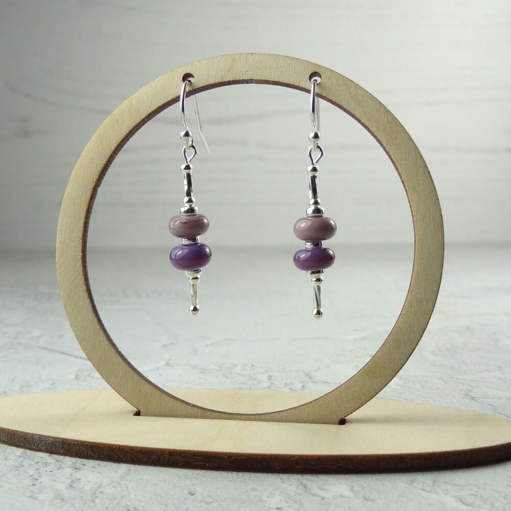 Purple handcrafted artisan lampwork glass drop sterling silver earrings on french wires with twists (#220)