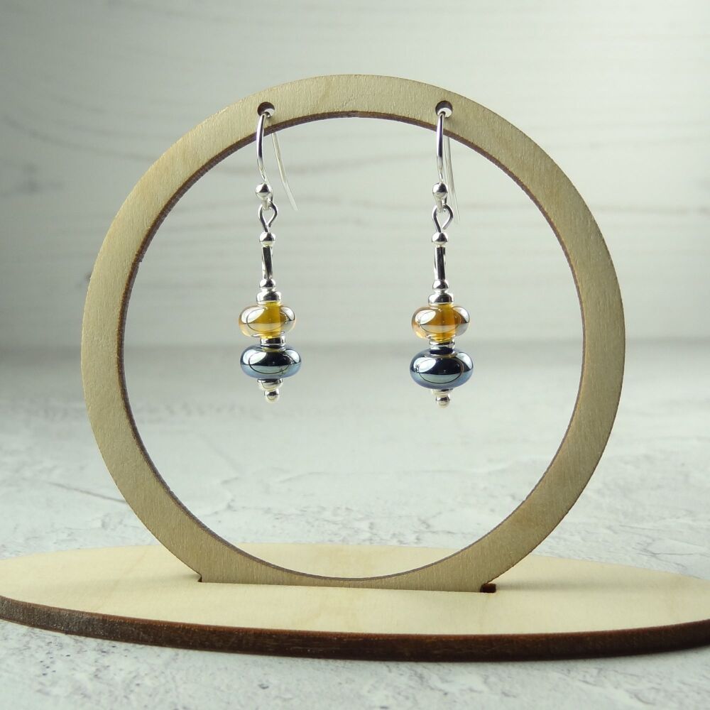 Metallic golden and blue handcrafted artisan lampwork glass drop sterling silver earrings on french wires with twists (#169)