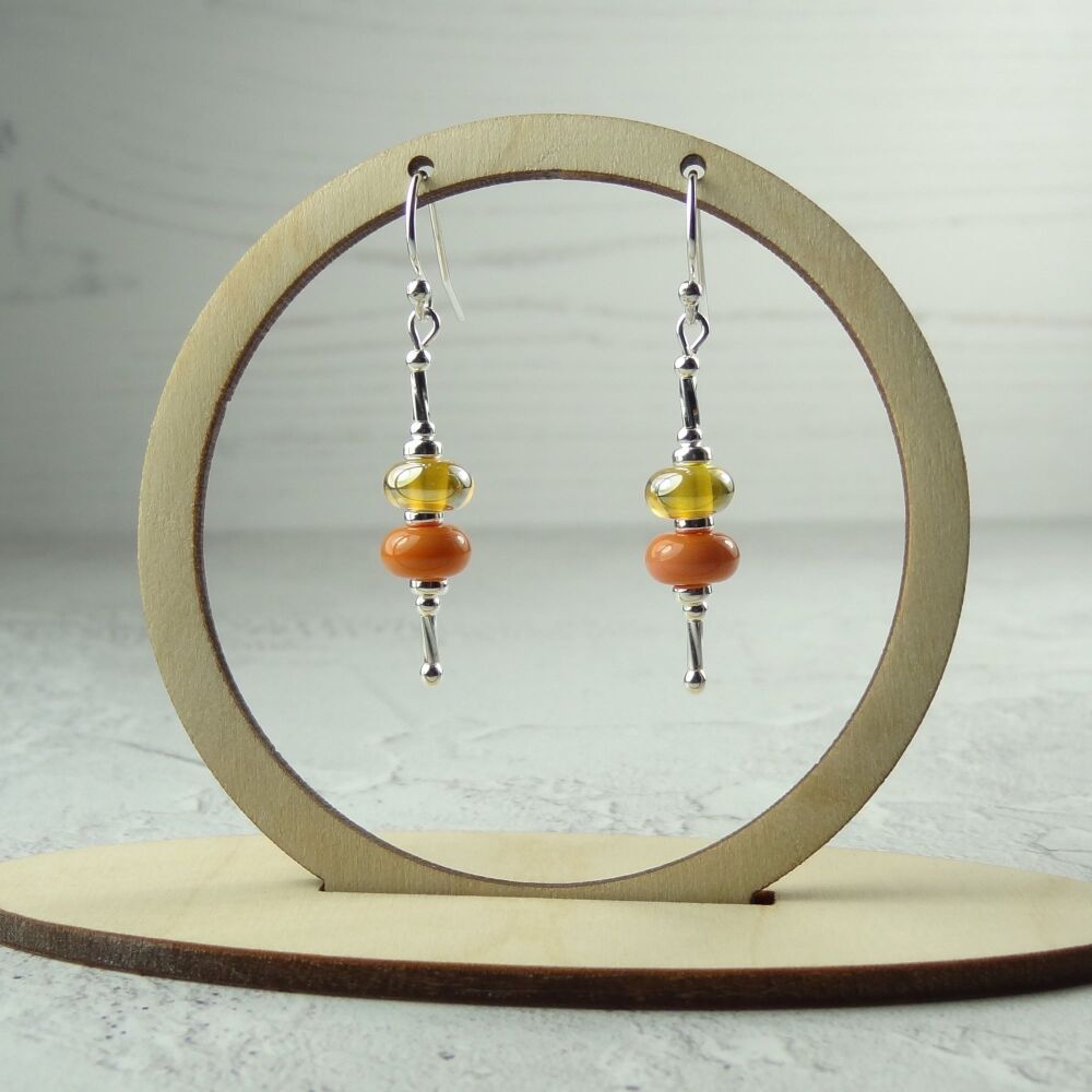 Metallic golden and orange handcrafted artisan lampwork glass drop sterling silver earrings on french wires with twists (#218)