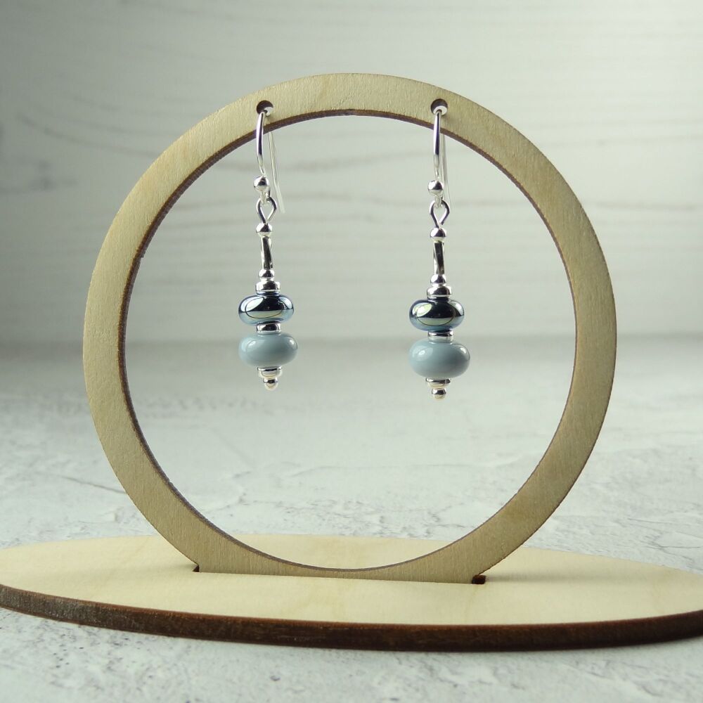 Blue & metallic handcrafted artisan lampwork glass drop sterling silver earrings on french wires with twists (#167)