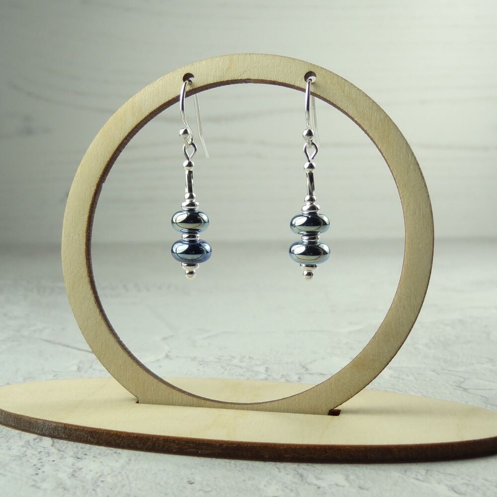 Metallic blue handcrafted artisan lampwork glass drop sterling silver earrings on french wires with twists (#154)
