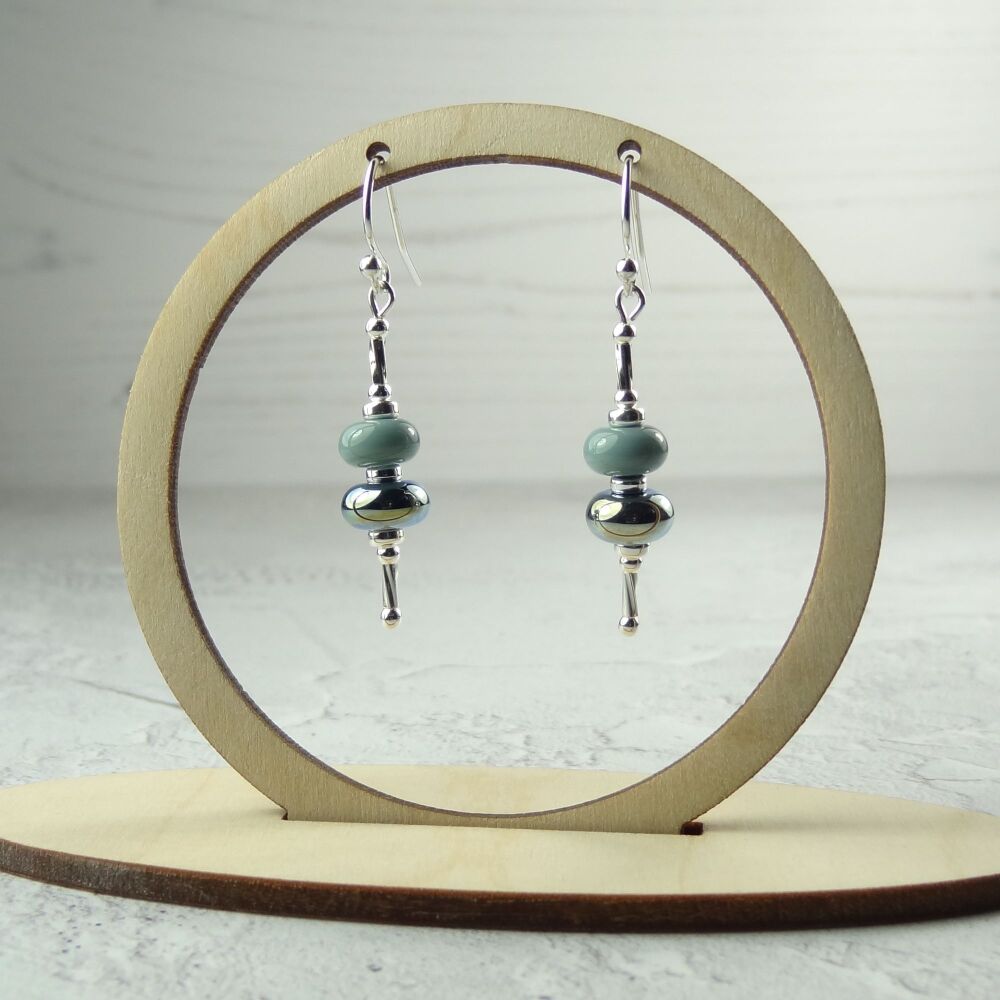 Blue & metallic handcrafted artisan lampwork glass drop sterling silver earrings on french wires with twists (#221)