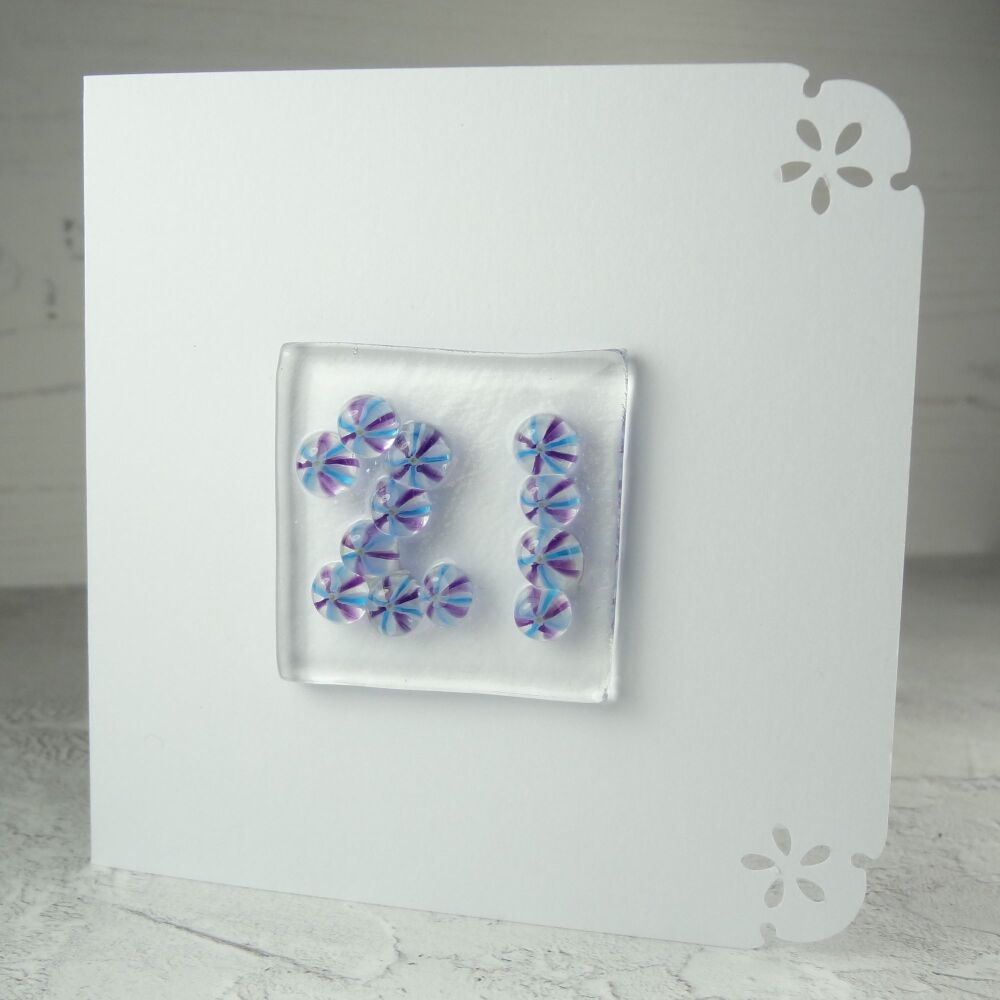 Milestone/significant age "21" handcrafted fused Murrini glass blank birthday card - 10cm card, 4cm glass - blue/purple (#340)