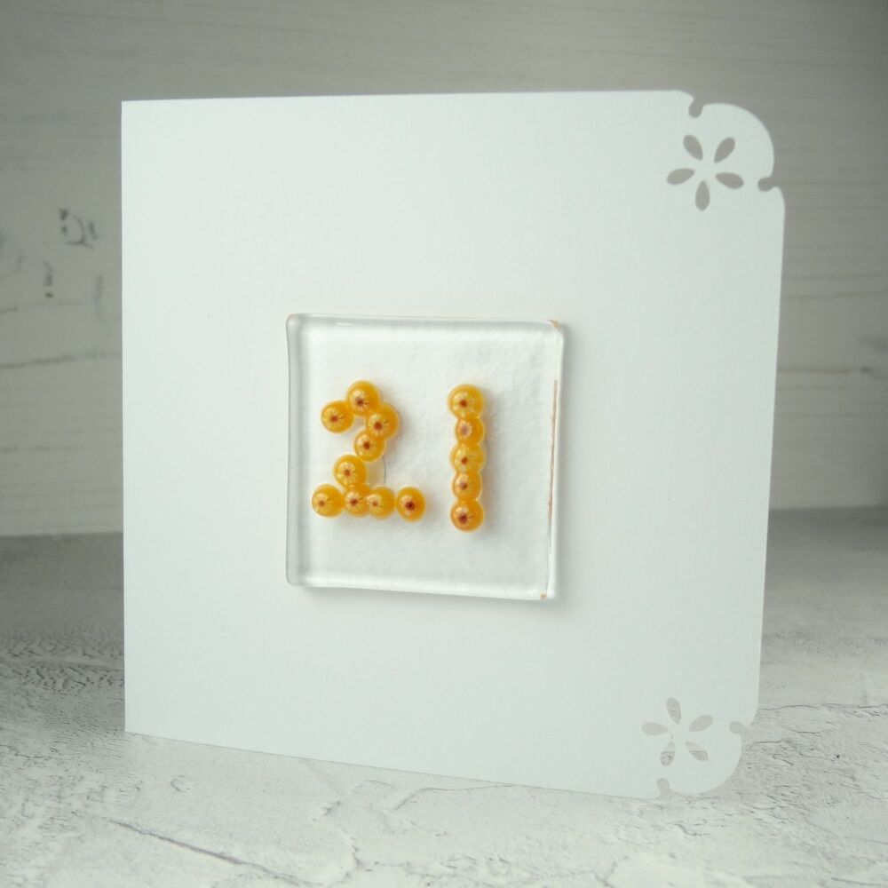 Milestone/significant age "21" handcrafted fused Murrini glass blank birthday card - 10cm card, 4cm glass (orange #351)
