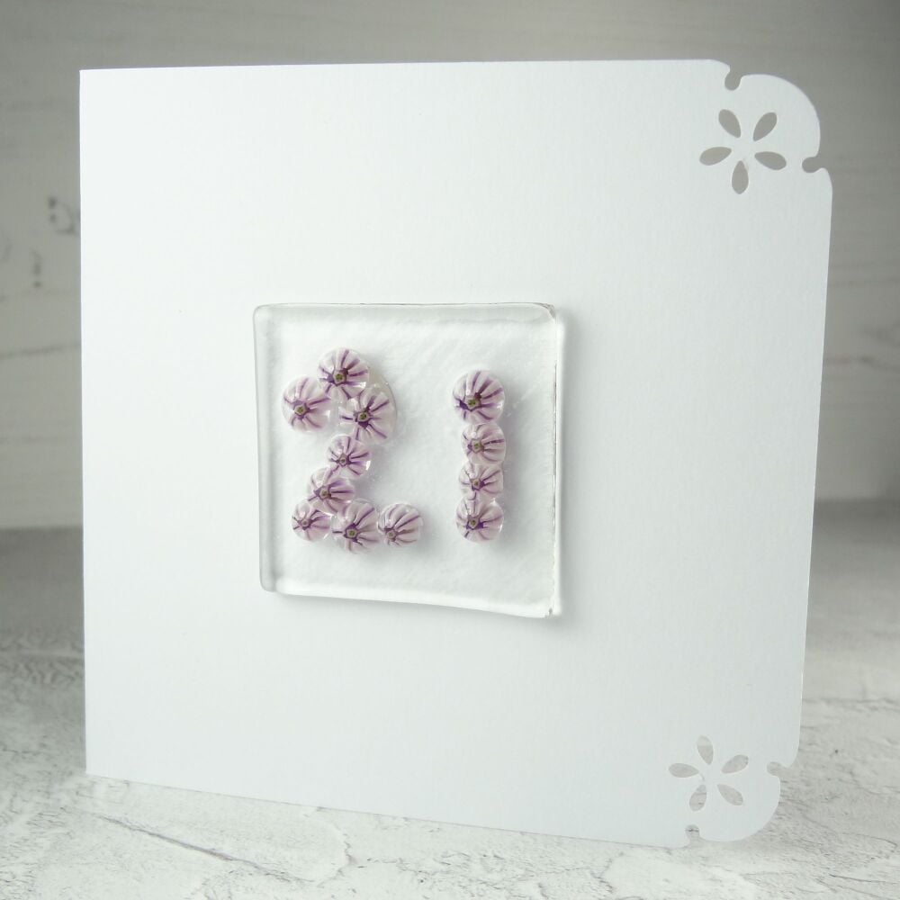 Milestone/significant age "21" handcrafted fused Murrini glass blank birthday card - 10cm card, 4cm glass (purple #373)