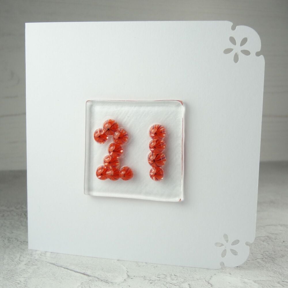 Milestone/significant age "21" handcrafted fused Murrini glass blank birthday card - 10cm card, 4cm glass (burnt orange #345)