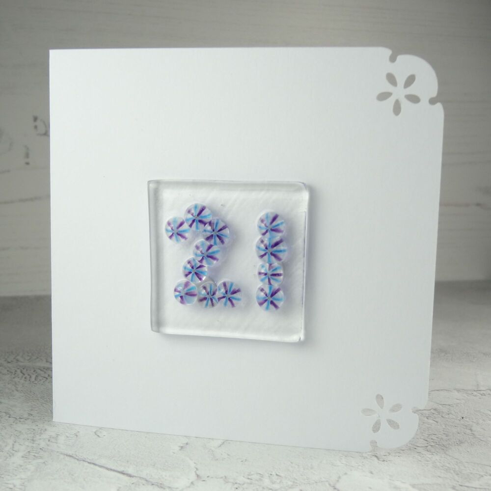 Milestone/significant age "21" handcrafted fused Murrini glass blank birthday card - 10cm card, 4cm glass - blue/purple (#335)