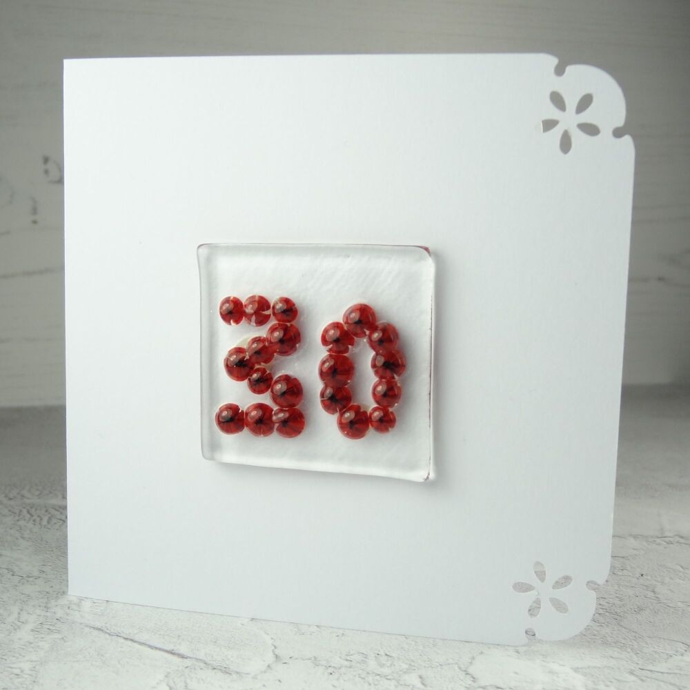 Milestone/significant age "30" handcrafted fused Murrini glass blank birthday card - 10cm card, 4cm glass (red #341)