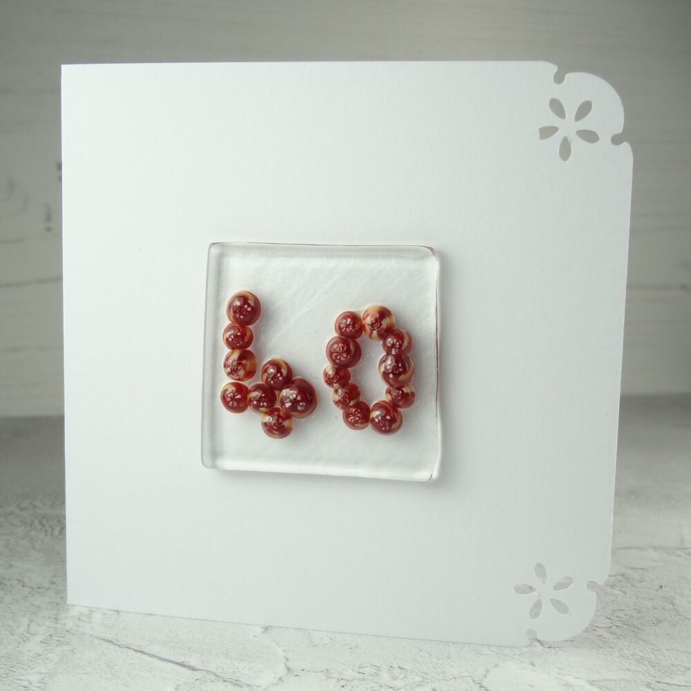 Milestone/significant age "40" handcrafted fused Murrini glass blank birthday card - 10cm card, 4cm glass (red #374)