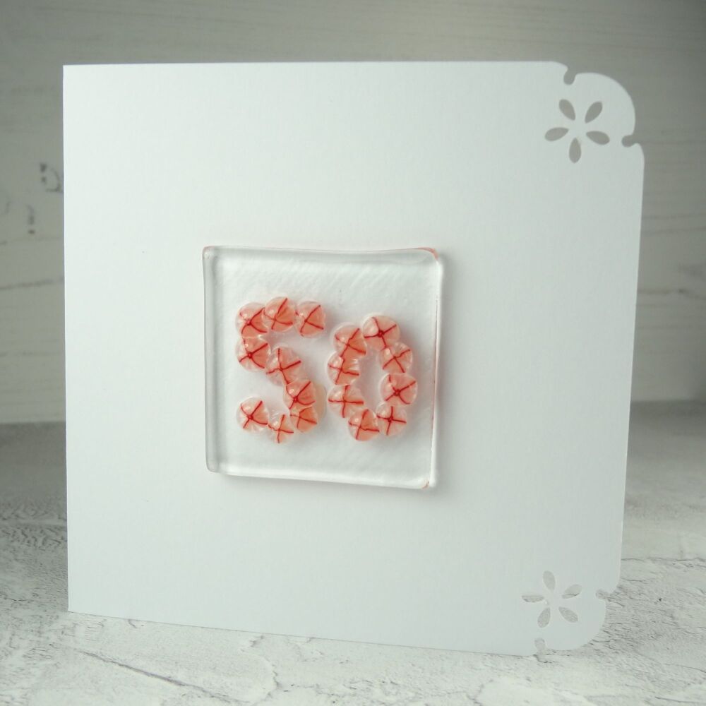 Milestone/significant age "50" handcrafted fused Murrini glass blank birthday card - 10cm card, 4cm glass (red #371)