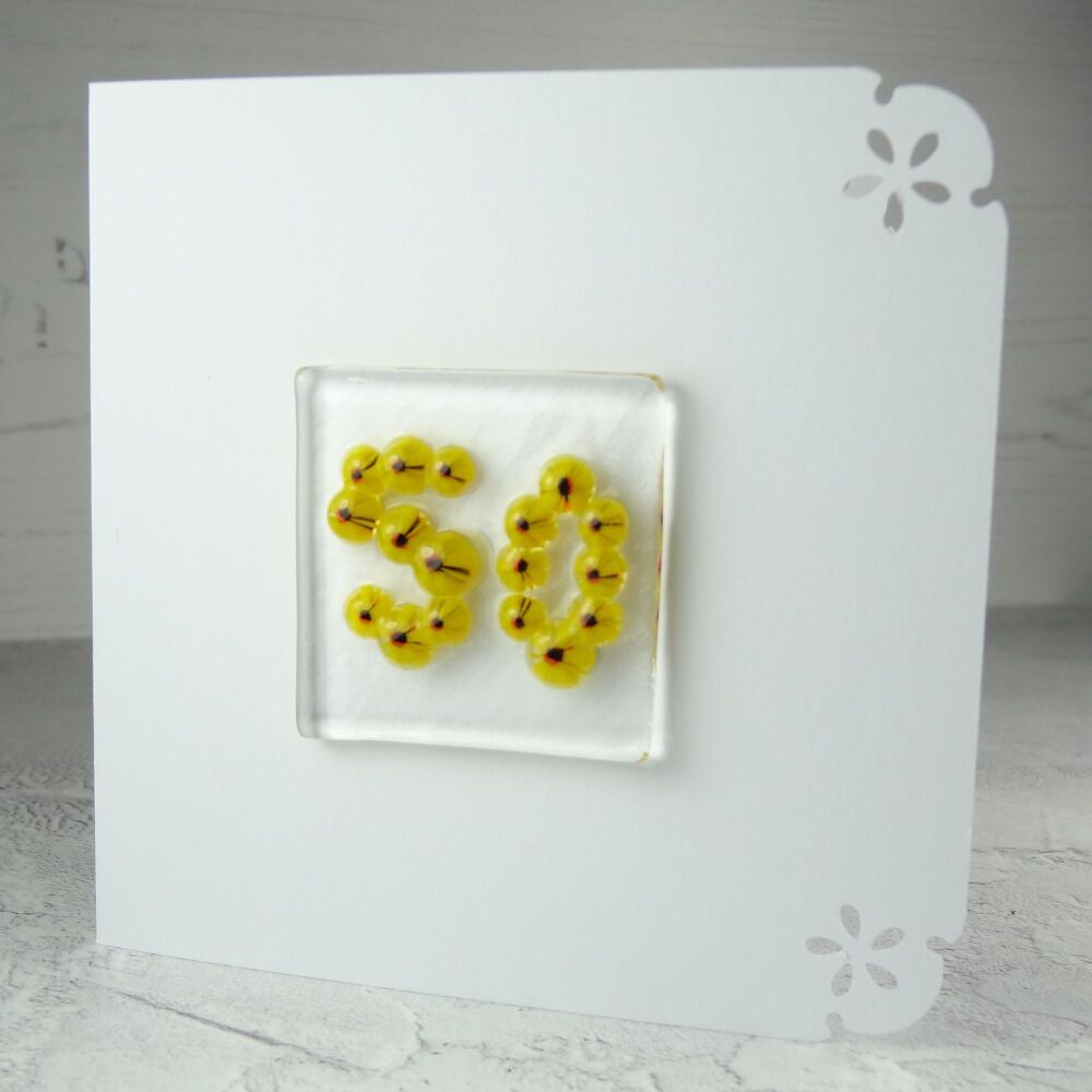 Milestone/significant age "50" handcrafted fused Murrini glass blank birthday card - 10cm card, 4cm glass (yellow #332)