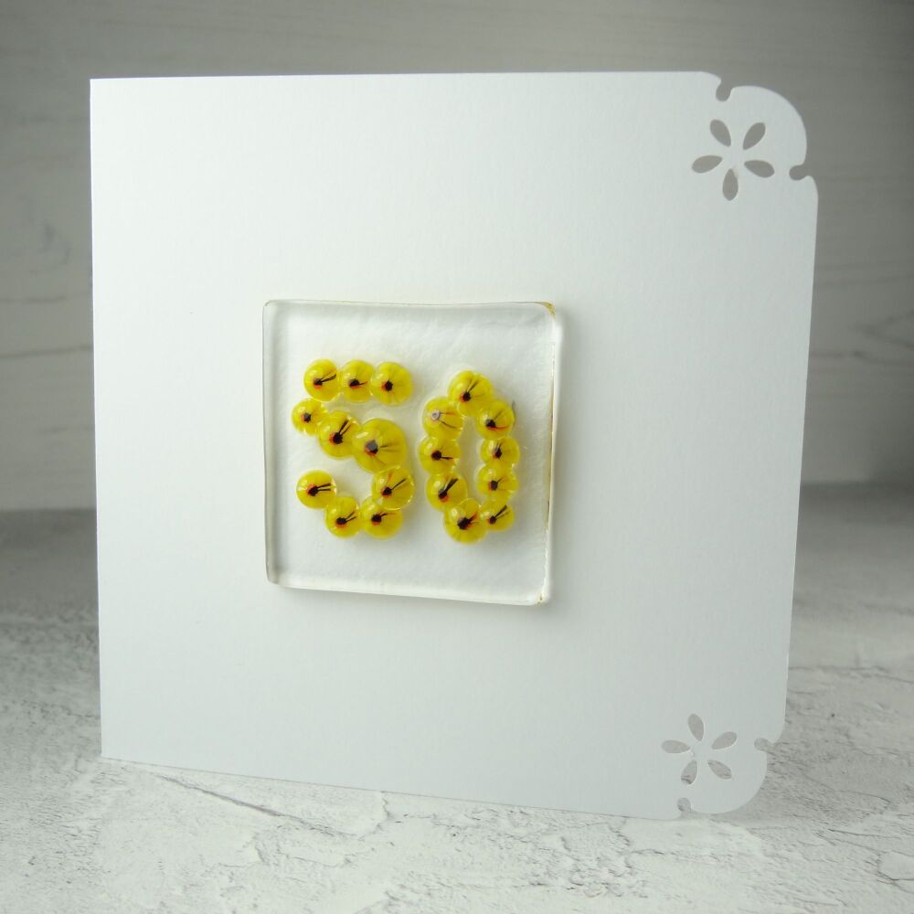 Milestone/significant age "50" handcrafted fused Murrini glass blank birthday card - 10cm card, 4cm glass (yellow)