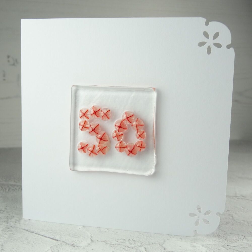 Milestone/significant age "50" handcrafted fused Murrini glass blank birthday card - 10cm card, 4cm glass (red #295)