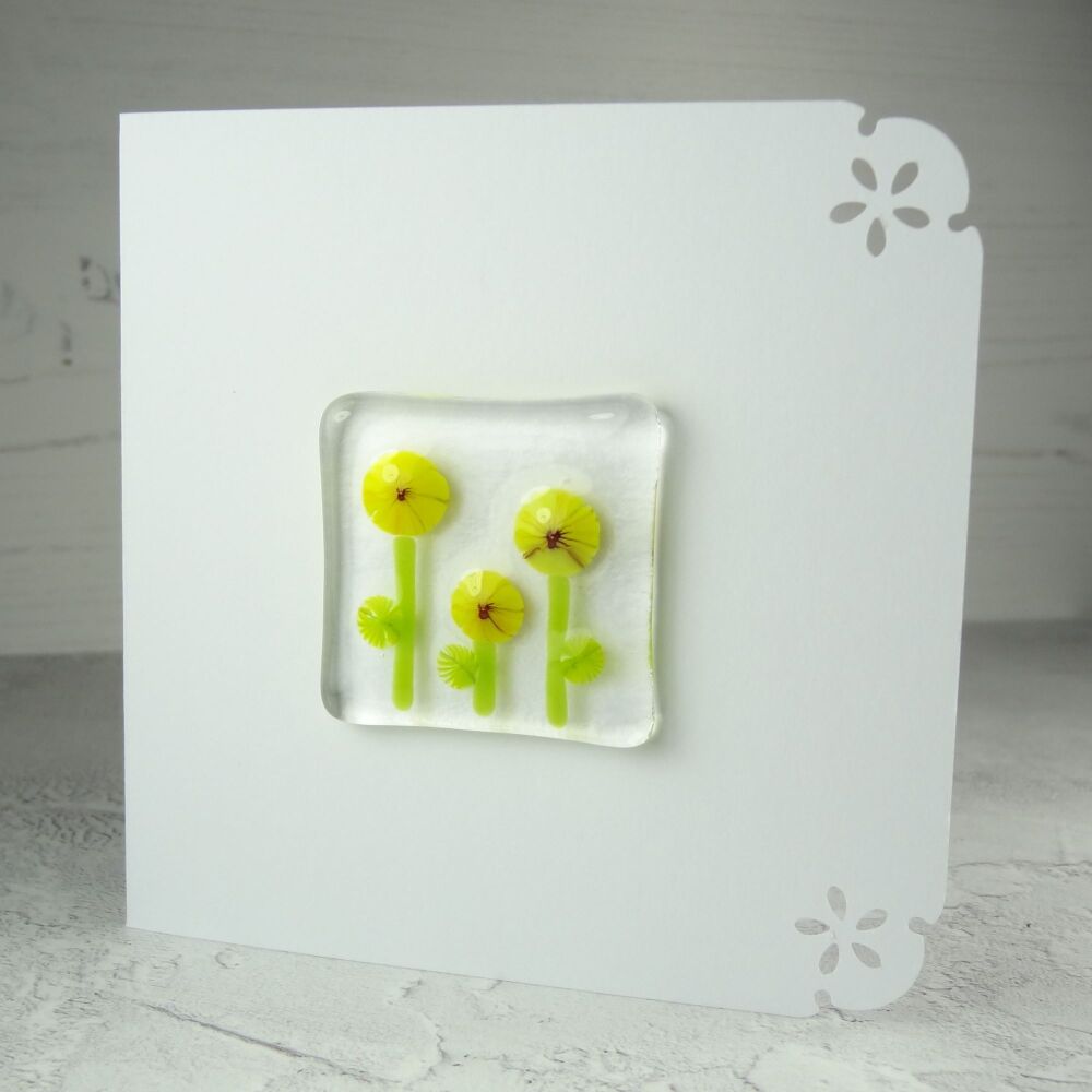 Handmade fused glass art greeting card, any occasion, birthday, yellow murrini flowers ~ 4x4 inch card, 1.5 inch (+/-) glass (#364)