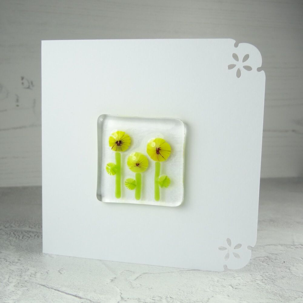 Handmade fused glass art greeting card, any occasion, birthday, yellow murrini flowers ~ 4x4 inch card, 1.5 inch (+/-) glass (#359)