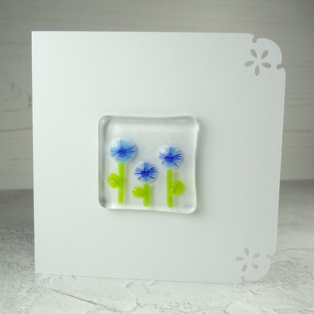 Handmade fused glass art greeting card, any occasion, birthday, blue murrini flowers ~ 4x4 inch card, 1.5 inch (+/-) glass (#353)