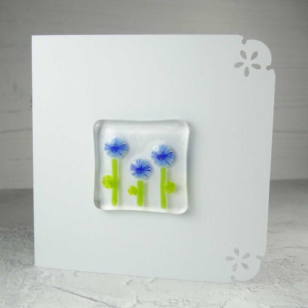 Handmade fused glass art greeting card, any occasion, birthday, blue murrini flowers ~ 4x4 inch card, 1.5 inch (+/-) glass (#354)