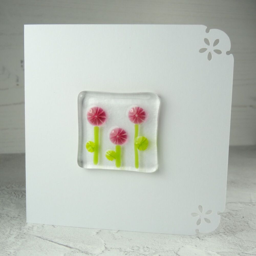Handmade fused glass art greeting card, any occasion, birthday, pink murrini flowers ~ 4x4 inch card, 1.5 inch (+/-) glass (#355)