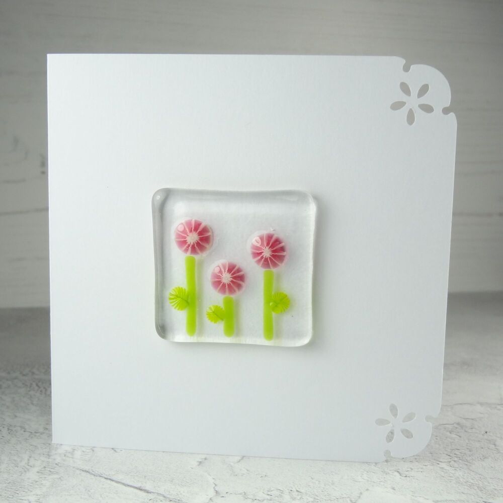 Handmade fused glass art greeting card, any occasion, birthday, pink murrini flowers ~ 4x4 inch card, 1.5 inch (+/-) glass (#372)