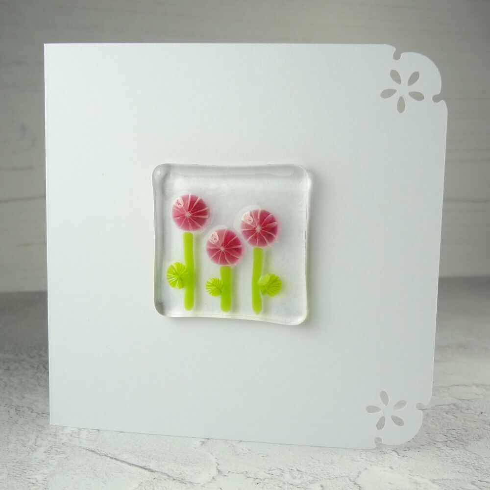 Handmade fused glass art greeting card, any occasion, birthday, pink murrini flowers ~ 4x4 inch card, 1.5 inch (+/-) glass (#363)