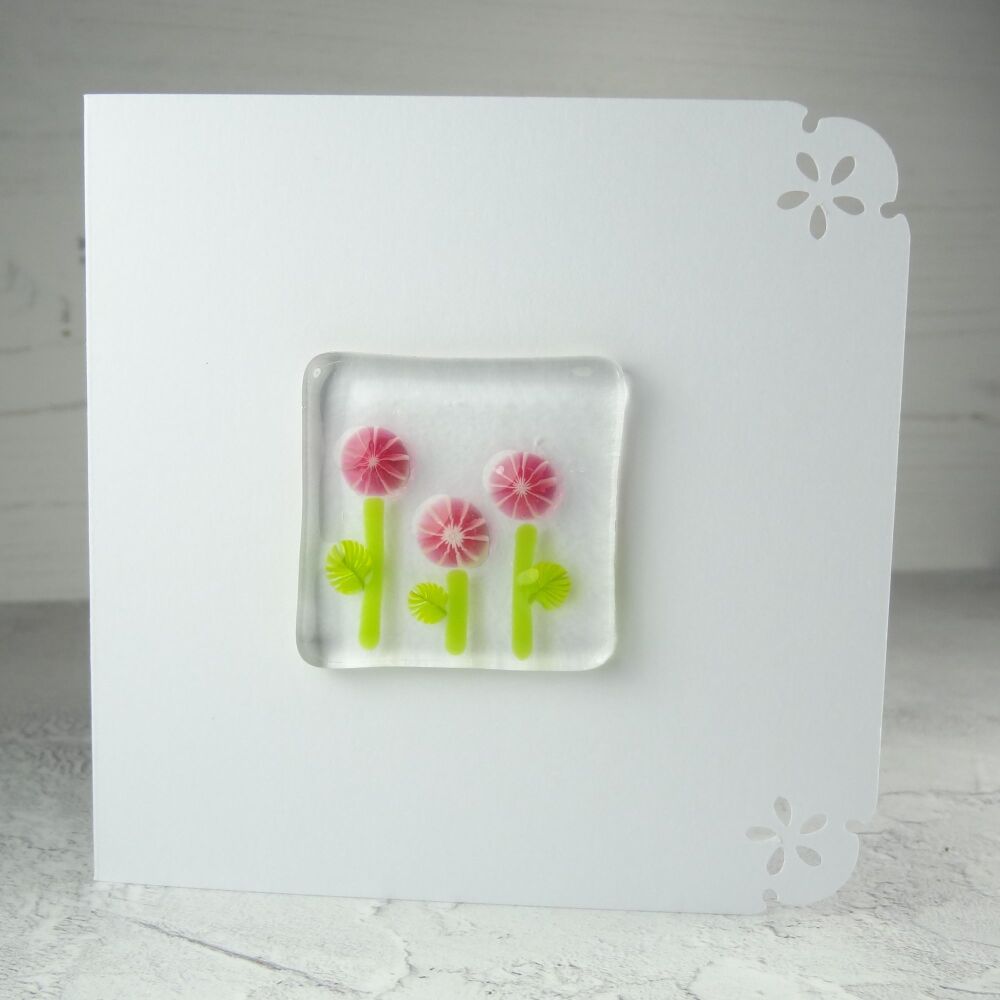 Handmade fused glass art greeting card, any occasion, birthday, pink murrini flowers ~ 4x4 inch card, 1.5 inch (+/-) glass (#356)