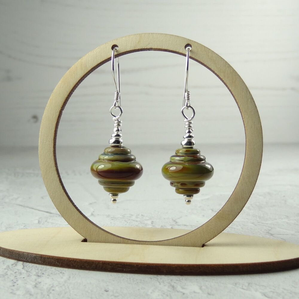 Green & brown handcrafted artisan lampwork glass & sterling silver drop earrings ~ length 45mm (LH18)