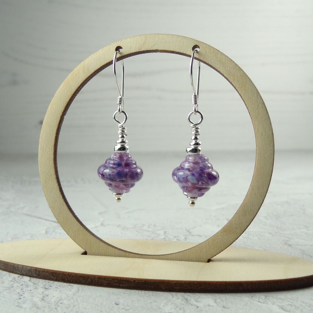 Purple speckled handcrafted artisan lampwork glass & sterling silver drop earrings ~ length 42mm (LH#31)