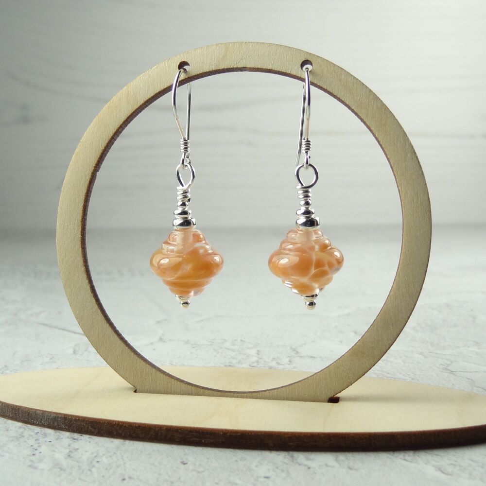 Peachy-pink speckled handcrafted artisan lampwork glass & sterling silver drop earrings ~ length 42mm (LH#54)