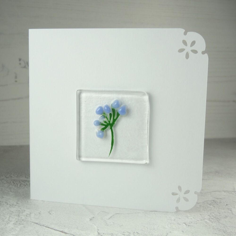 Handmade fused glass art greeting card, any occasion ~ blue flower stem, floral ~ 4x4 inch card, 1.5 inch (+/-) glass (#350)