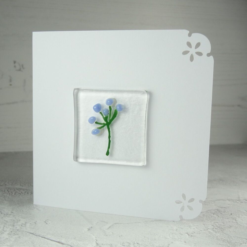 Handmade fused glass art greeting card, any occasion ~ blue flower stem, floral ~ 4x4 inch card, 1.5 inch (+/-) glass (#358)
