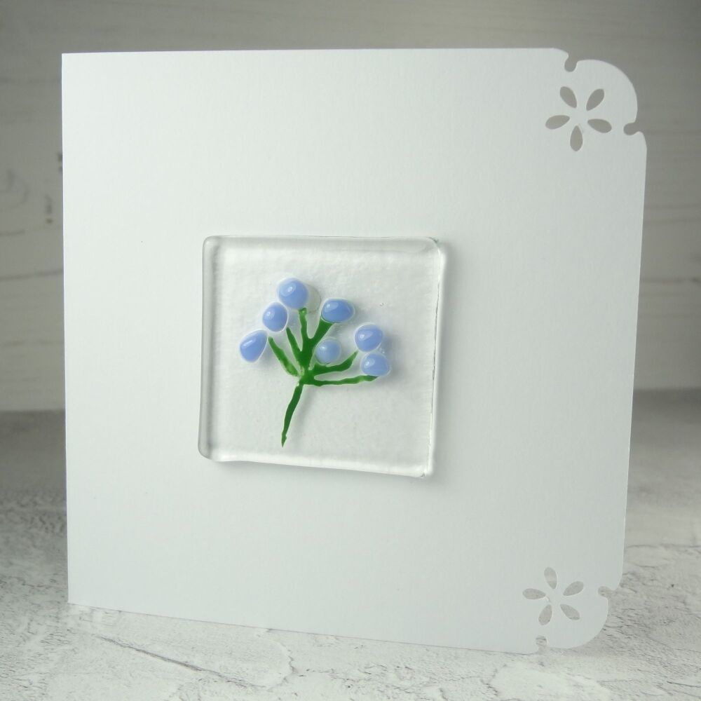 Handmade fused glass art greeting card, any occasion ~ blue flower stem, floral ~ 4x4 inch card, 1.5 inch (+/-) glass (#370)