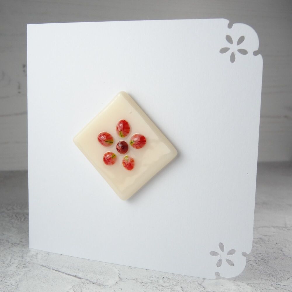 Handmade fused glass art greeting card, any occasion ~ pink flower, floral ~ 4x4 inch card, 1.2inch (+/-) glass (#360)