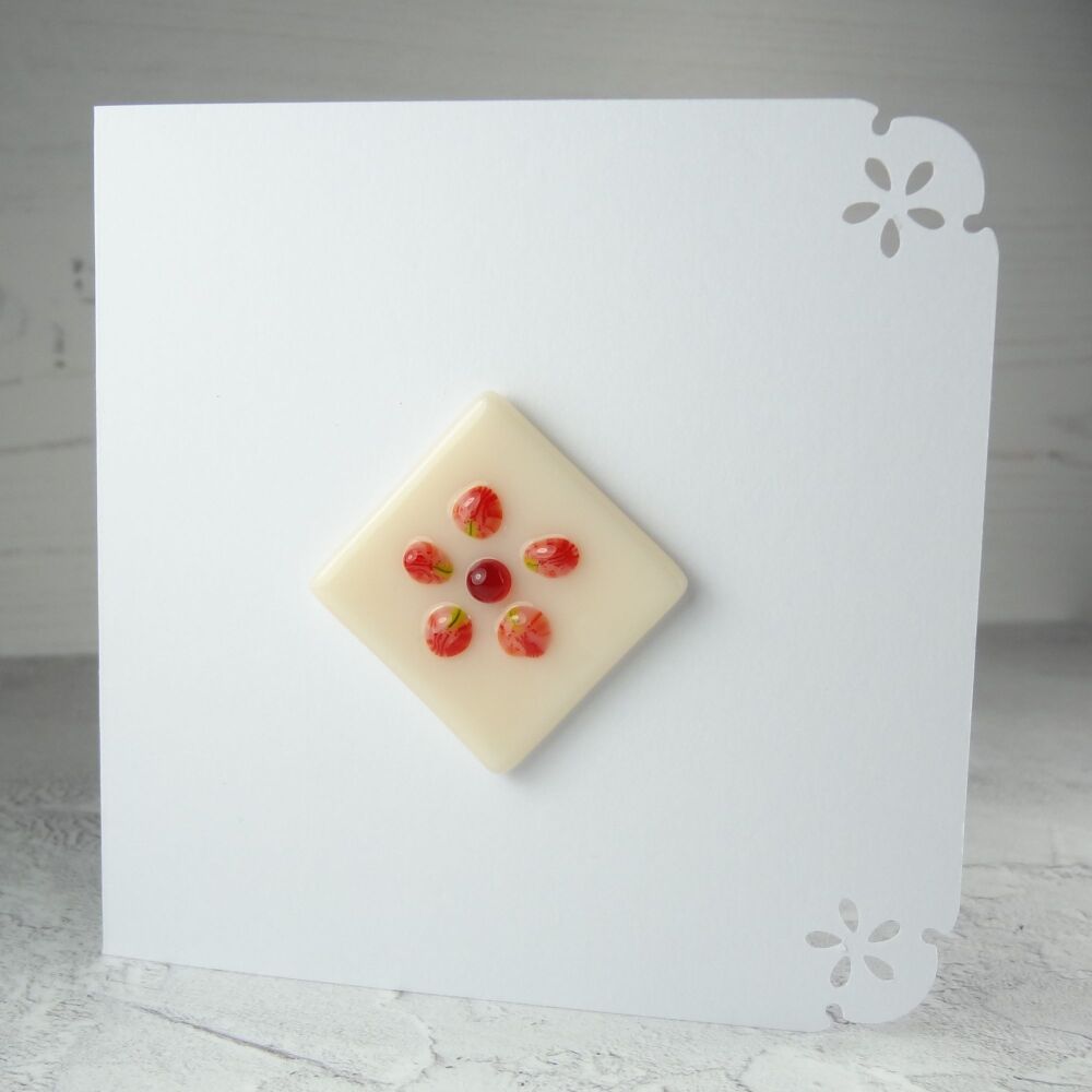 Handmade fused glass art greeting card, any occasion ~ pink flower, floral ~ 4x4 inch card, 1.2inch (+/-) glass (#361)