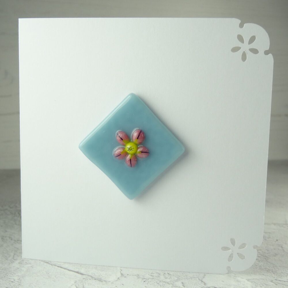 Handmade fused glass art greeting card, any occasion ~ pink & yellow flower, floral ~ 4x4 inch card, 1.2inch (+/-) glass (#365)