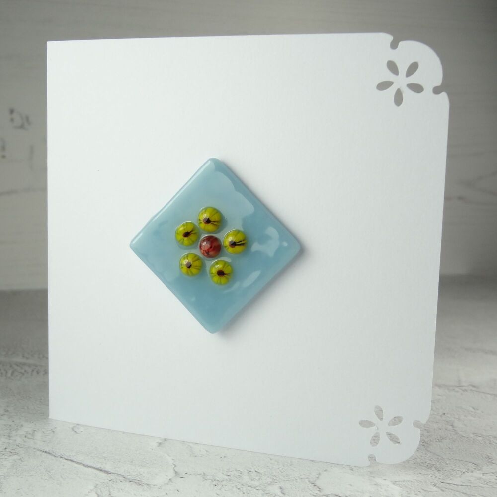 Handmade fused glass art greeting card, any occasion ~ yellow and red flower, floral ~ 4x4 inch card, 1.2inch (+/-) glass (#369)