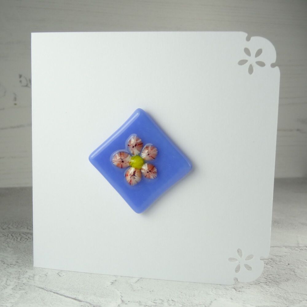 Handmade fused glass art greeting card, any occasion ~ pink & yellow flower, floral ~ 4x4 inch card, 1.2inch (+/-) glass (#366)
