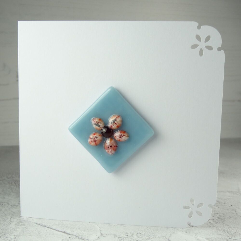 Handmade fused glass art greeting card, any occasion ~ pink & red flower, floral ~ 4x4 inch card, 1.2inch (+/-) glass (#368)