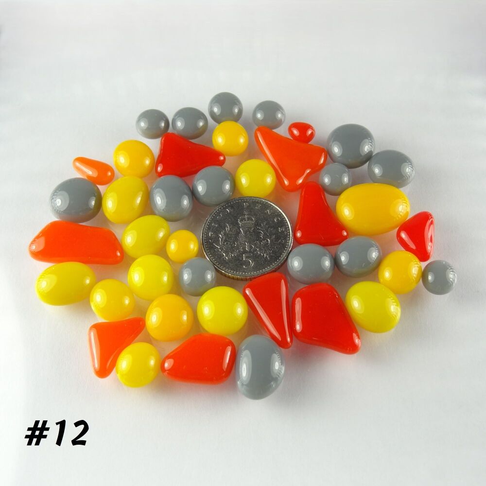 25g art glass cabochons, for jewellery making, arts, crafts, mosaics, craft supplies - handcrafted - grey red yellow orange (#12)