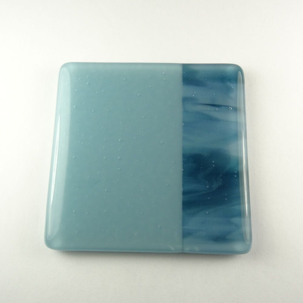 Handcrafted fused glass blue coaster, with bumper feet, 9cm (#117)