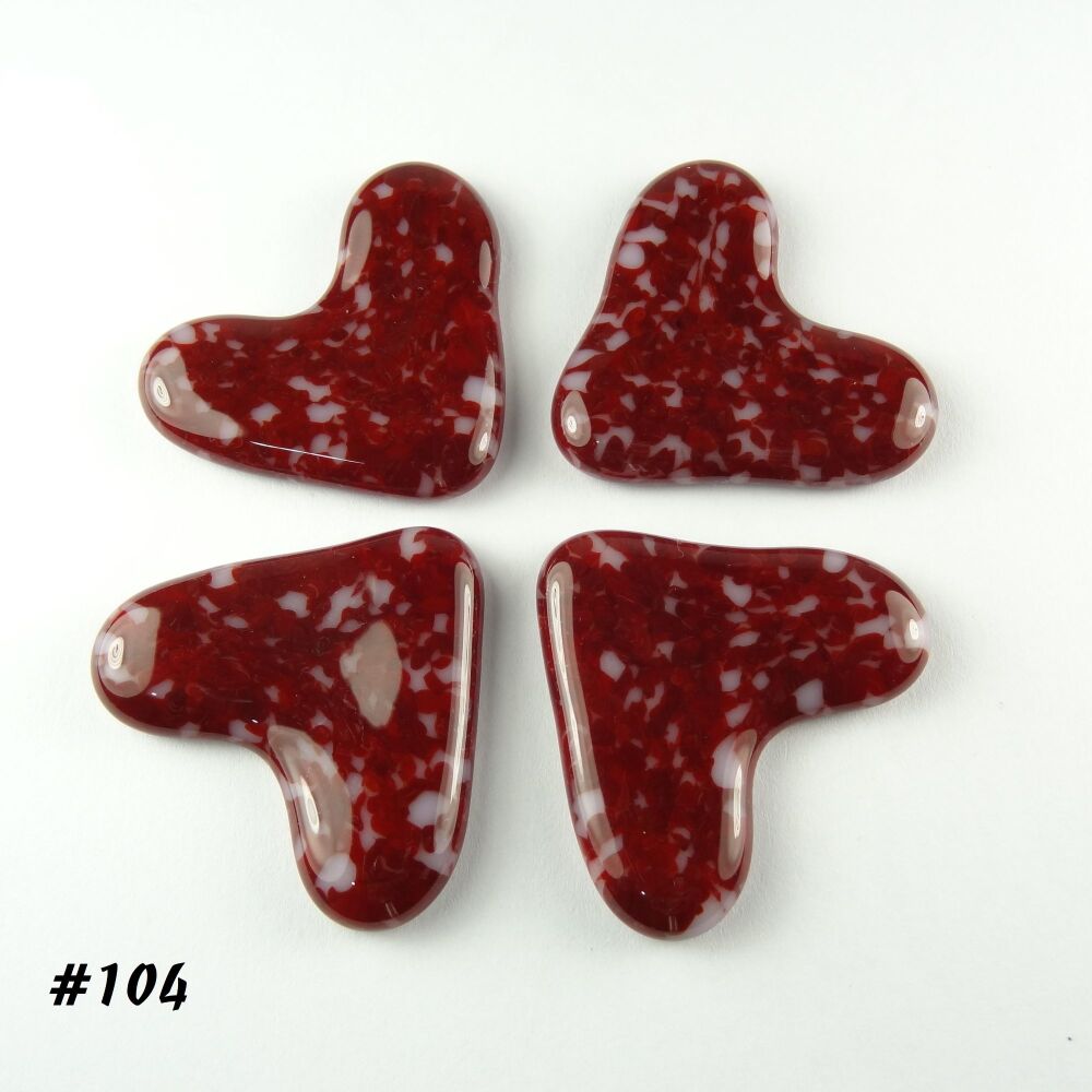 Set of 4 handcrafted fused glass heart-shaped fridge magnets, red with pink, approx 4cm each. Perfect for decor or gifting (#104)