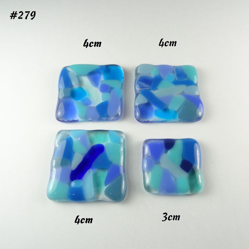 (#279) 4 blue square mosaic-style glass cabochons accessory glass for jewellery making wire wrapping mosaic art supplies handcrafted