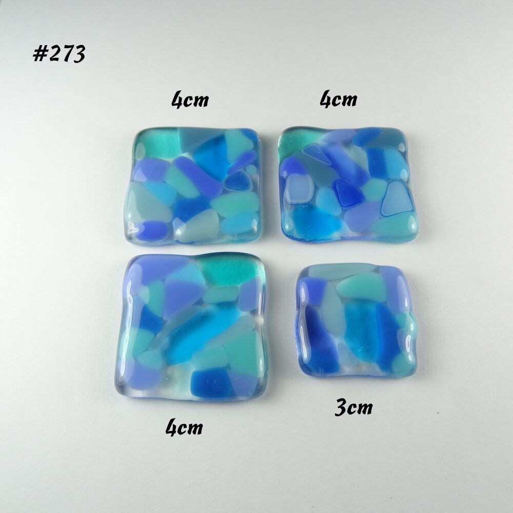 (#273) 4 blue square mosaic-style glass cabochons accessory glass for jewellery making wire wrapping mosaic art supplies handcrafted