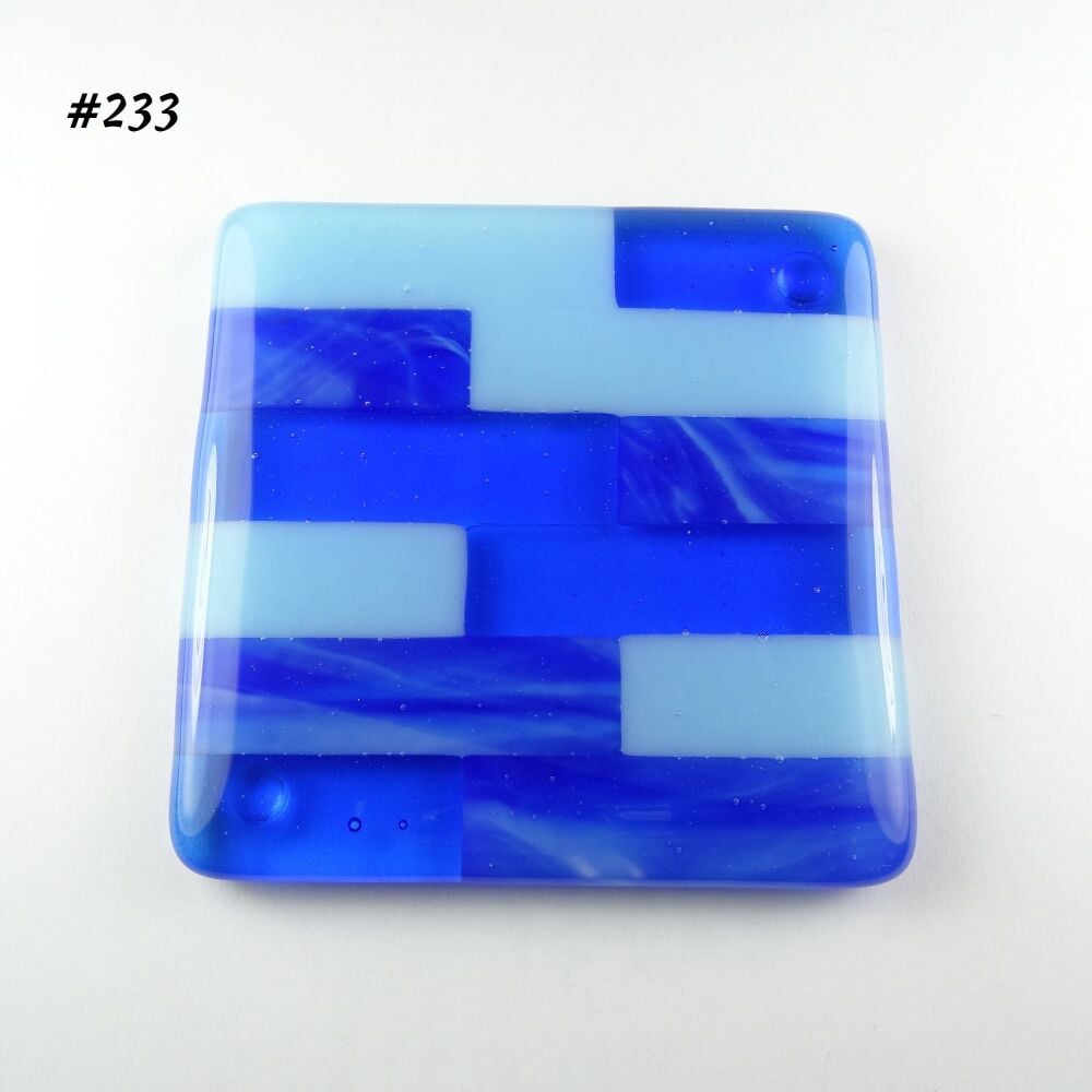 Handcrafted fused glass blue striped coaster, with bumper feet, 9cm (#233)