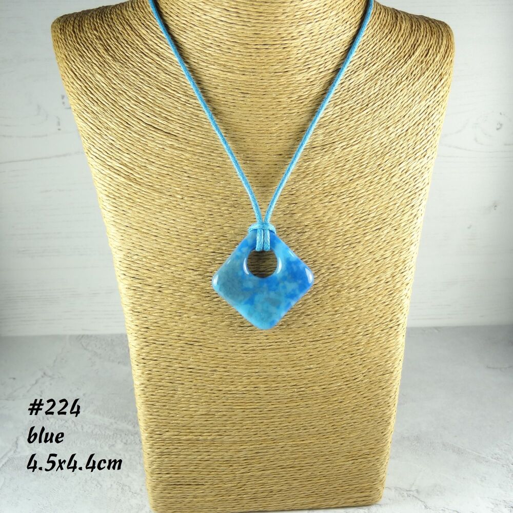 Handcrafted blue speckled fused glass rhombus/diamond shaped pendant on a waxed cotton cord with lobster clasp (#224)