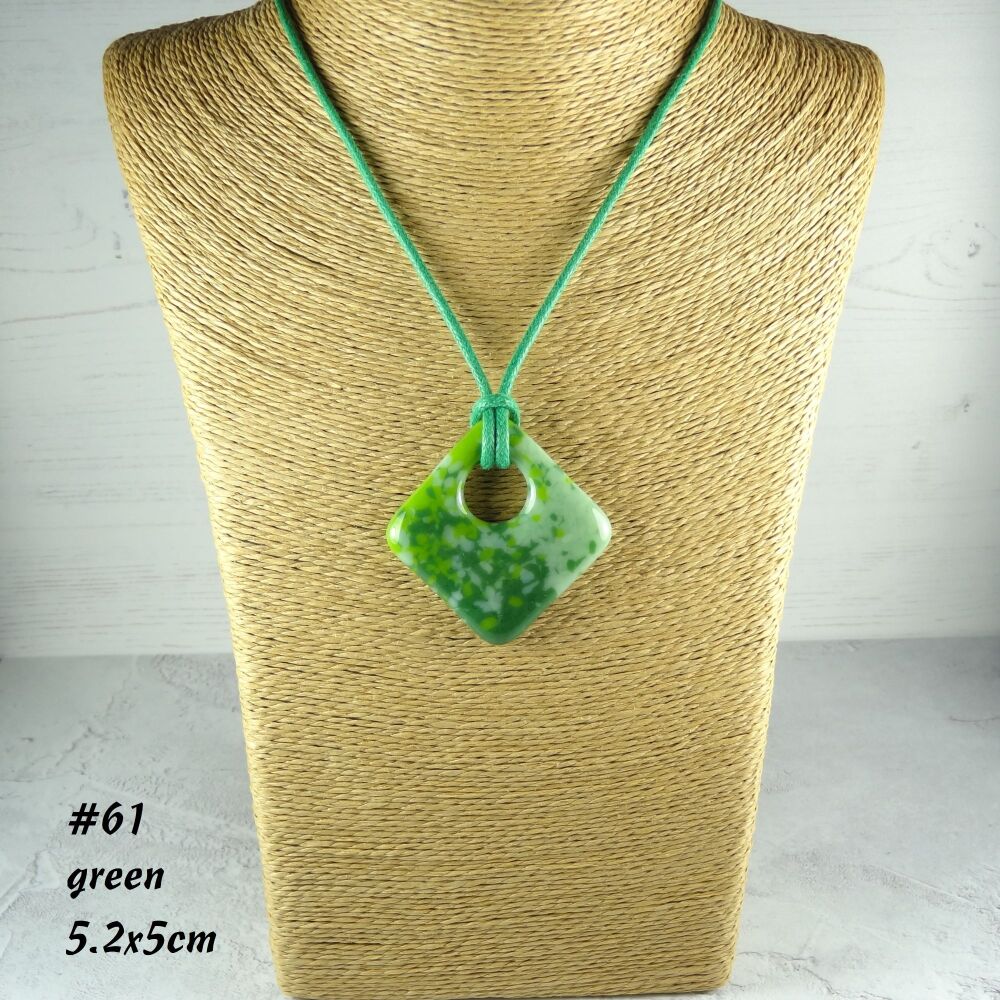Handcrafted green speckled fused glass rhombus/diamond shaped pendant on a waxed cotton cord with lobster clasp (#61)