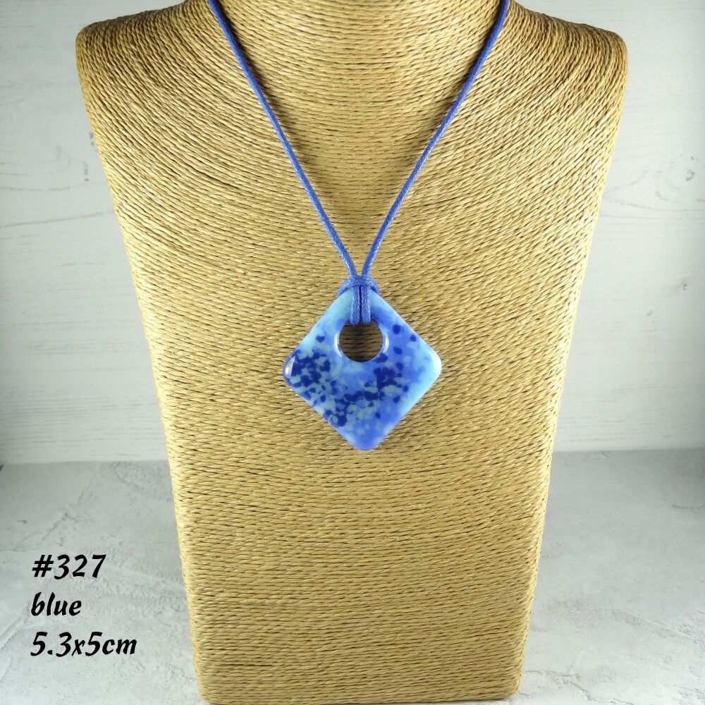 Handcrafted blue speckled fused glass rhombus/diamond shaped pendant on a waxed cotton cord with lobster clasp (#327)