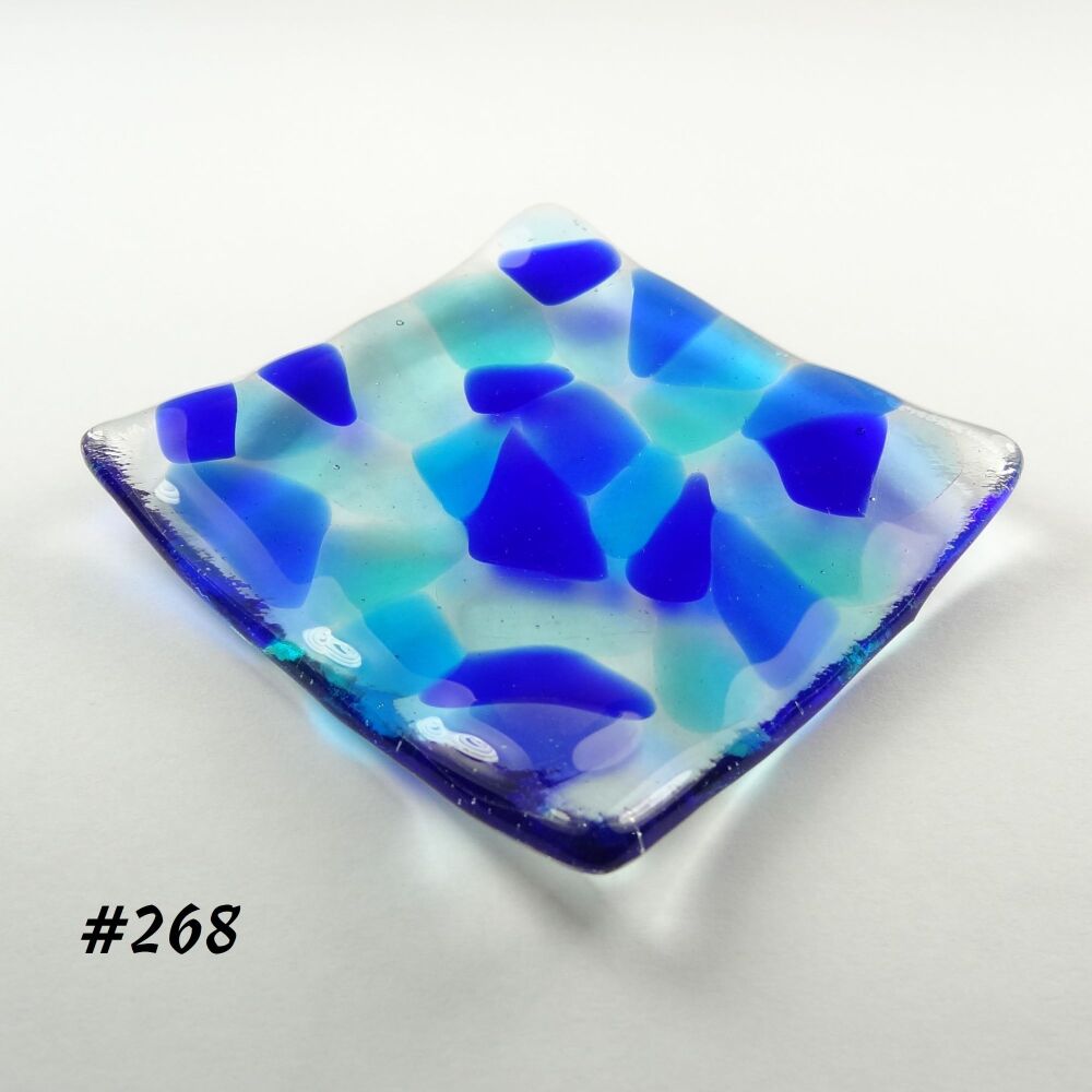 Blue mosaic fused glass small shallow trinket ring earring dish, tea light holder or ornament to display - 6.5cm square (#268)