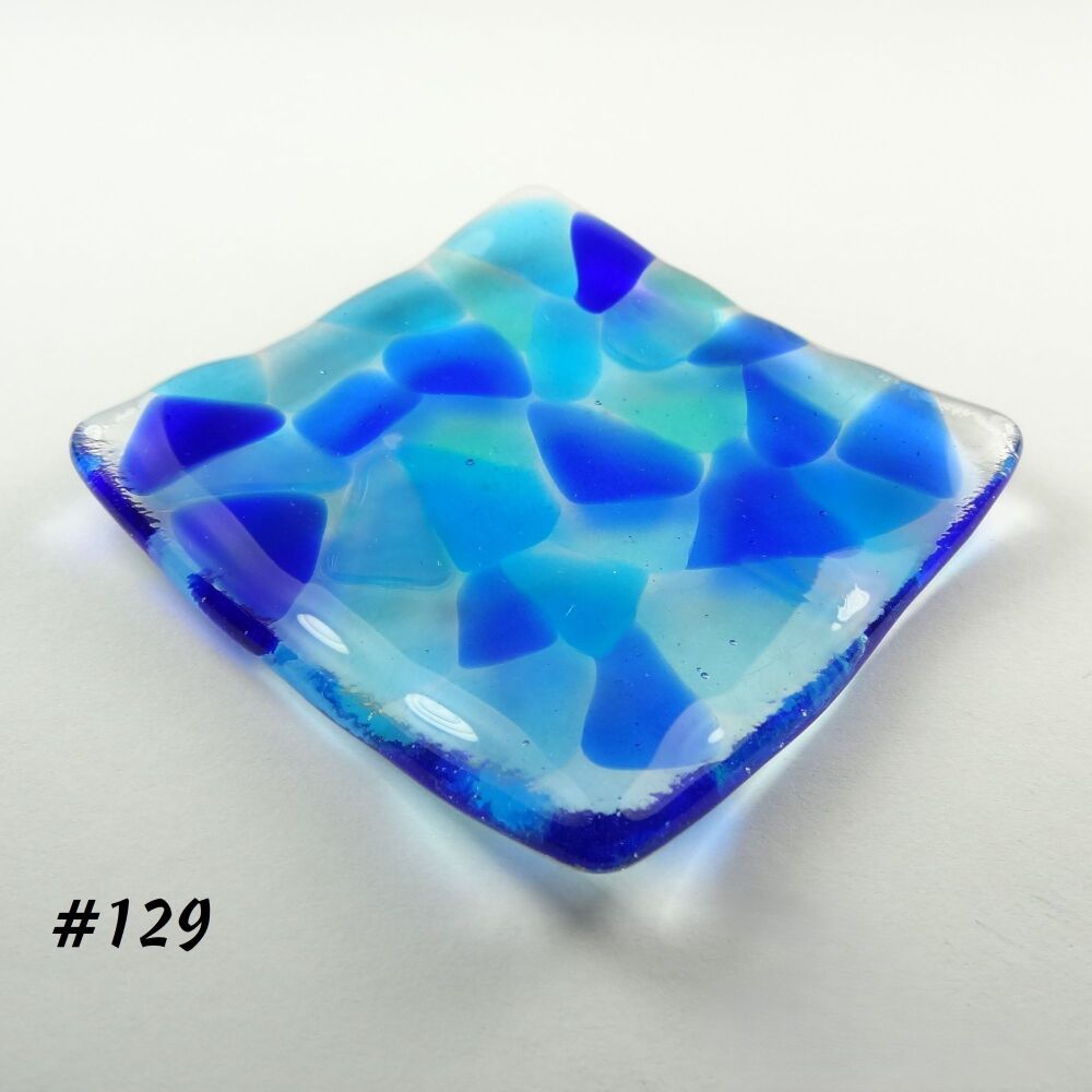 Blue mosaic fused glass small shallow trinket ring earring dish, tea light holder or ornament to display - 6.5cm square (#129)